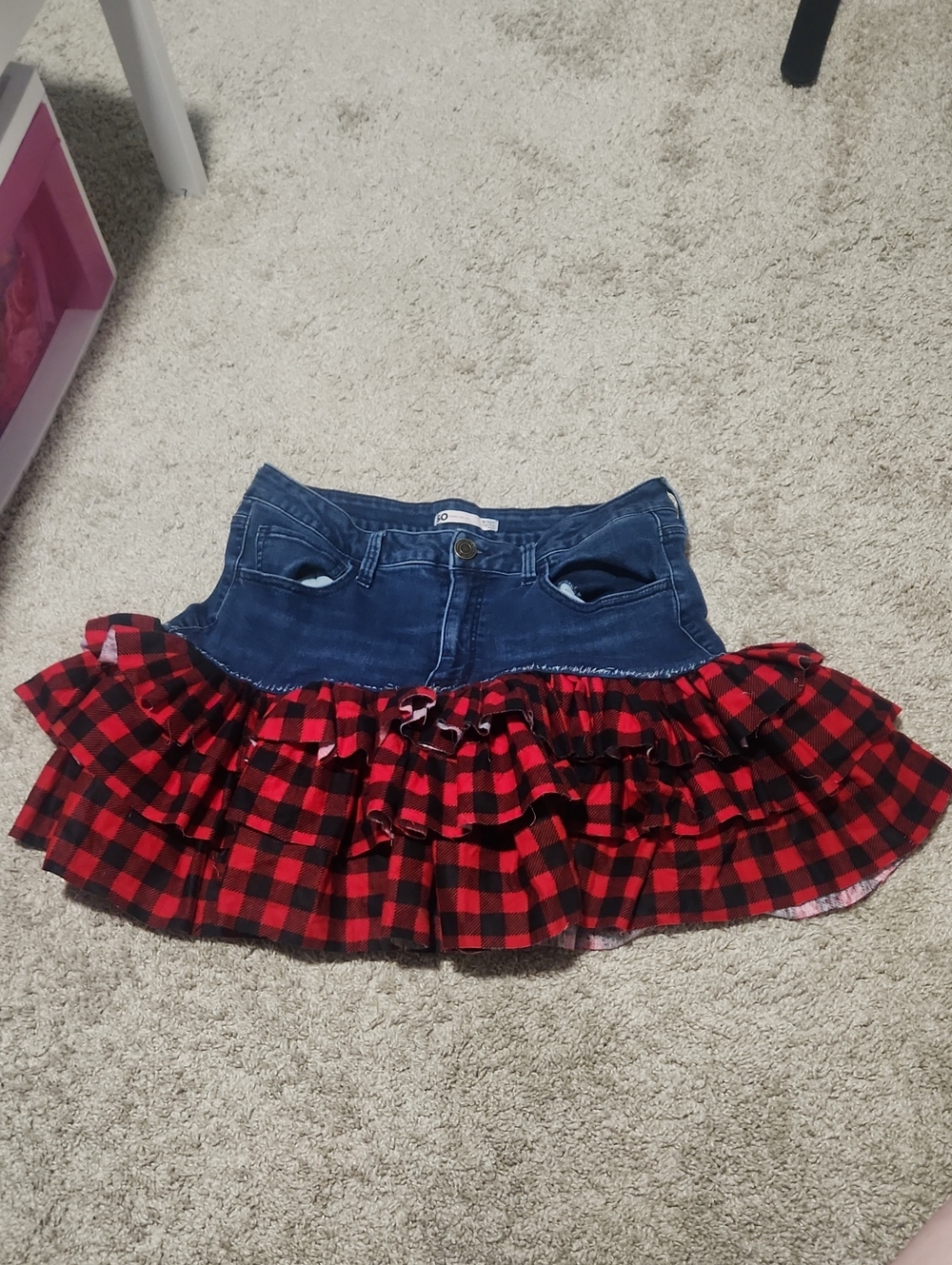 Handmade Denim And Plaid Mini Skirt